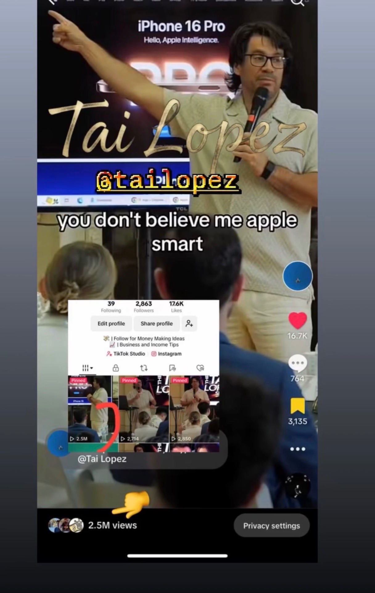 Tai Lopez TikTok — 2.5M views on a single Short, 16.7K likes
