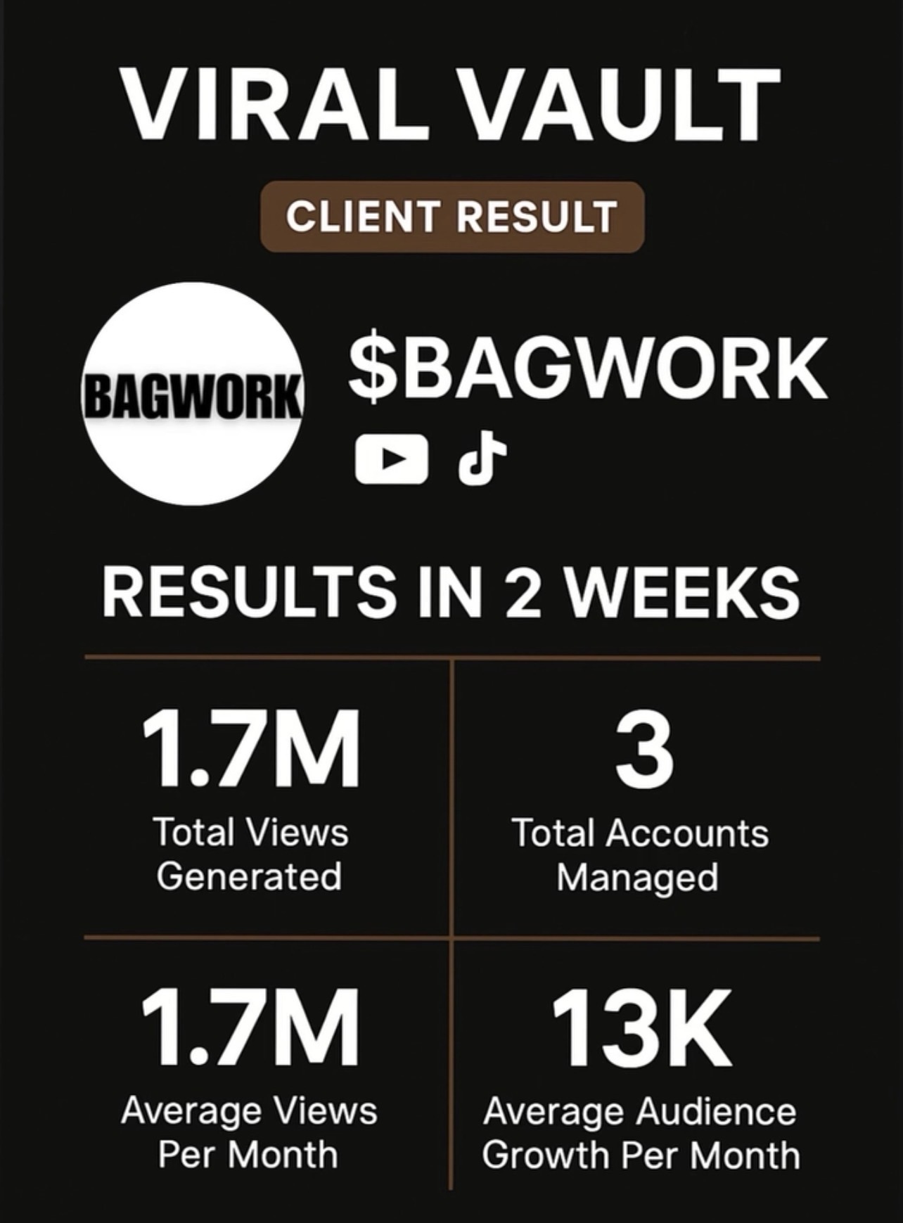 $BAGWORK — 1.7M views in 2 weeks across 3 accounts, 13K growth/month